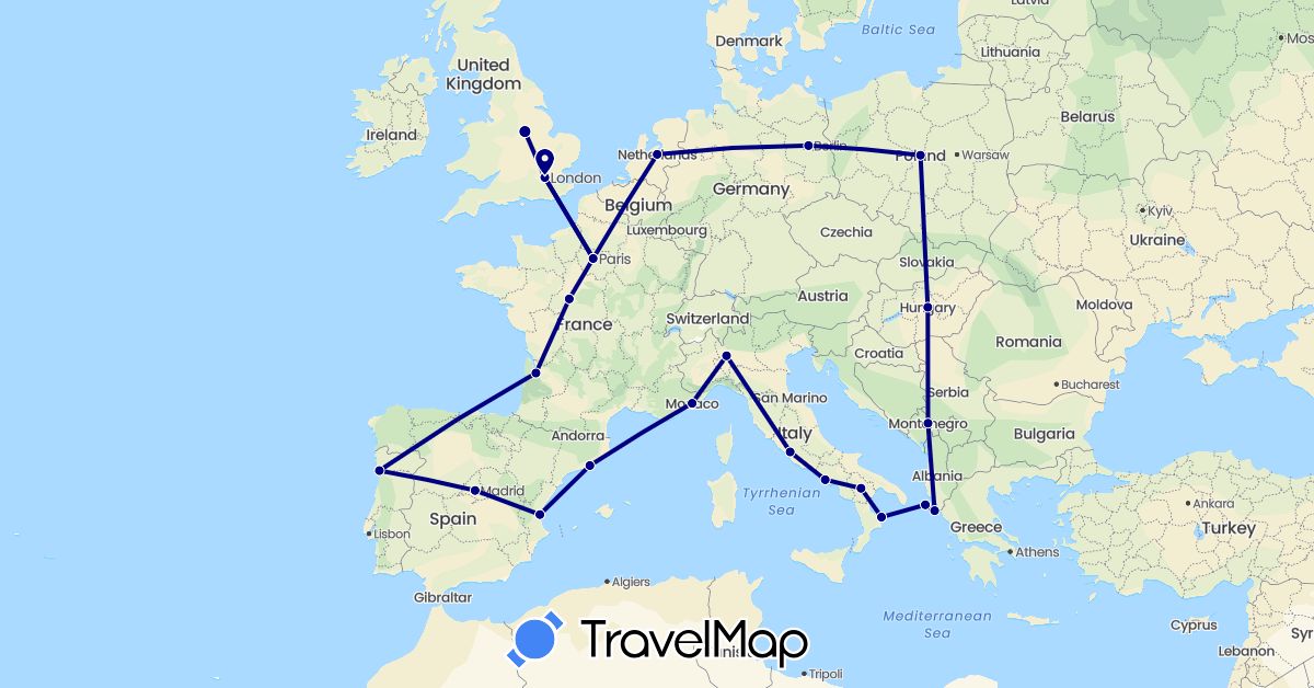TravelMap itinerary: driving in Germany, Spain, France, United Kingdom, Greece, Hungary, Italy, Monaco, Montenegro, Netherlands, Poland, Portugal, Vatican City (Europe)